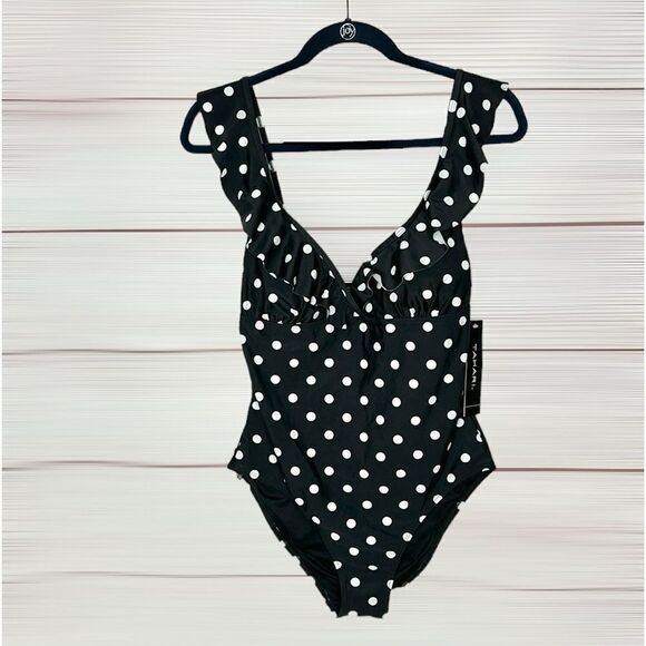 NWT Tahari Polka Dot Ruffle Surplice One-piece Swimsuit Black White Women's L - Picture 3 of 12
